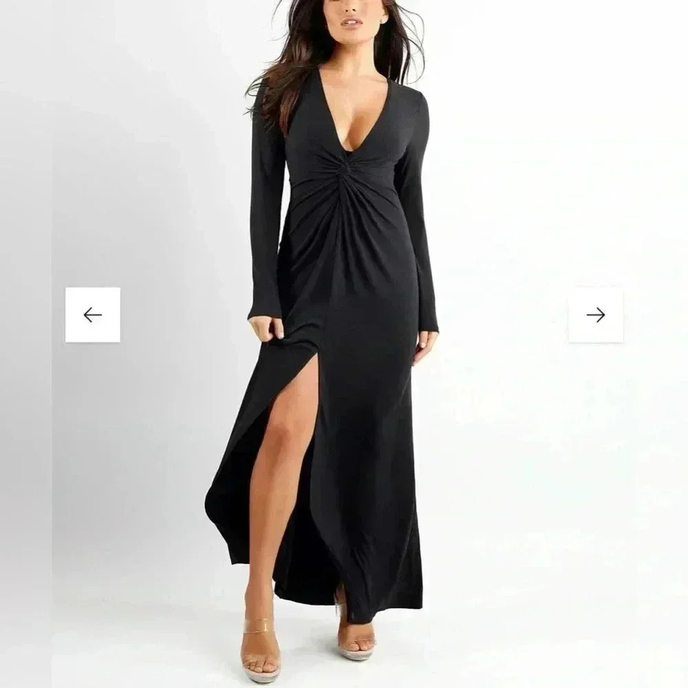 POPILUSH Shapewear Dress Deep V-Neck Twist Split Maxi